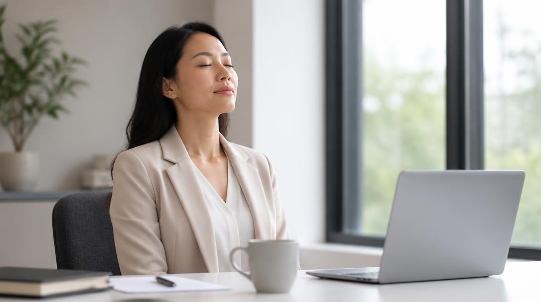 An Asian professional woman taking a calm breathing break at her desk