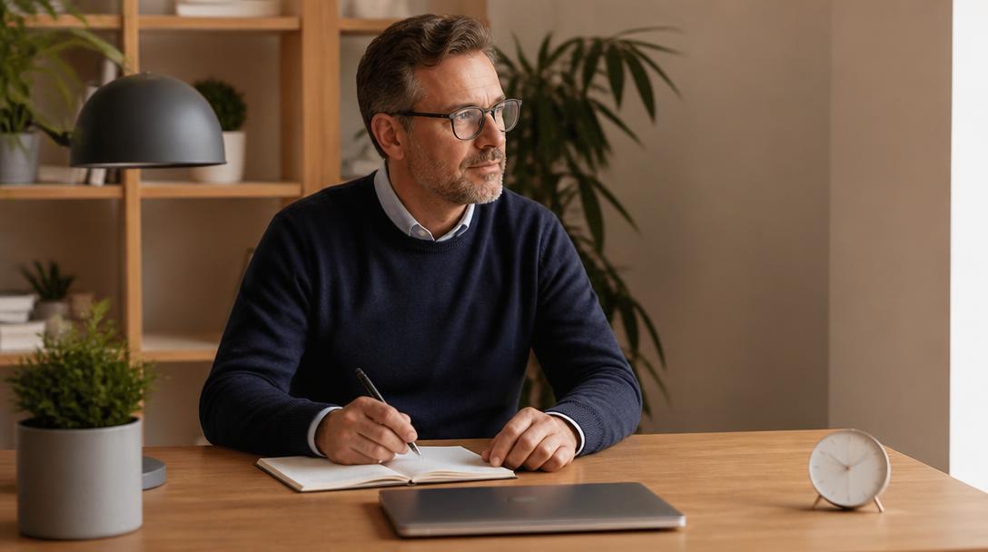 A European professional man working at an organised desk with clear work-life boundaries